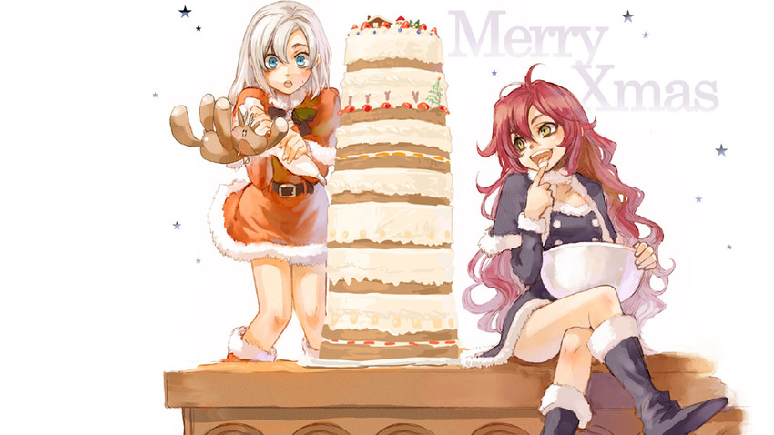 blue_eyes boots cake christmas crossed_legs food long_hair multiple_girls open_mouth original pastry red_hair sitting white_hair yamamoto_yamato yellow_eyes