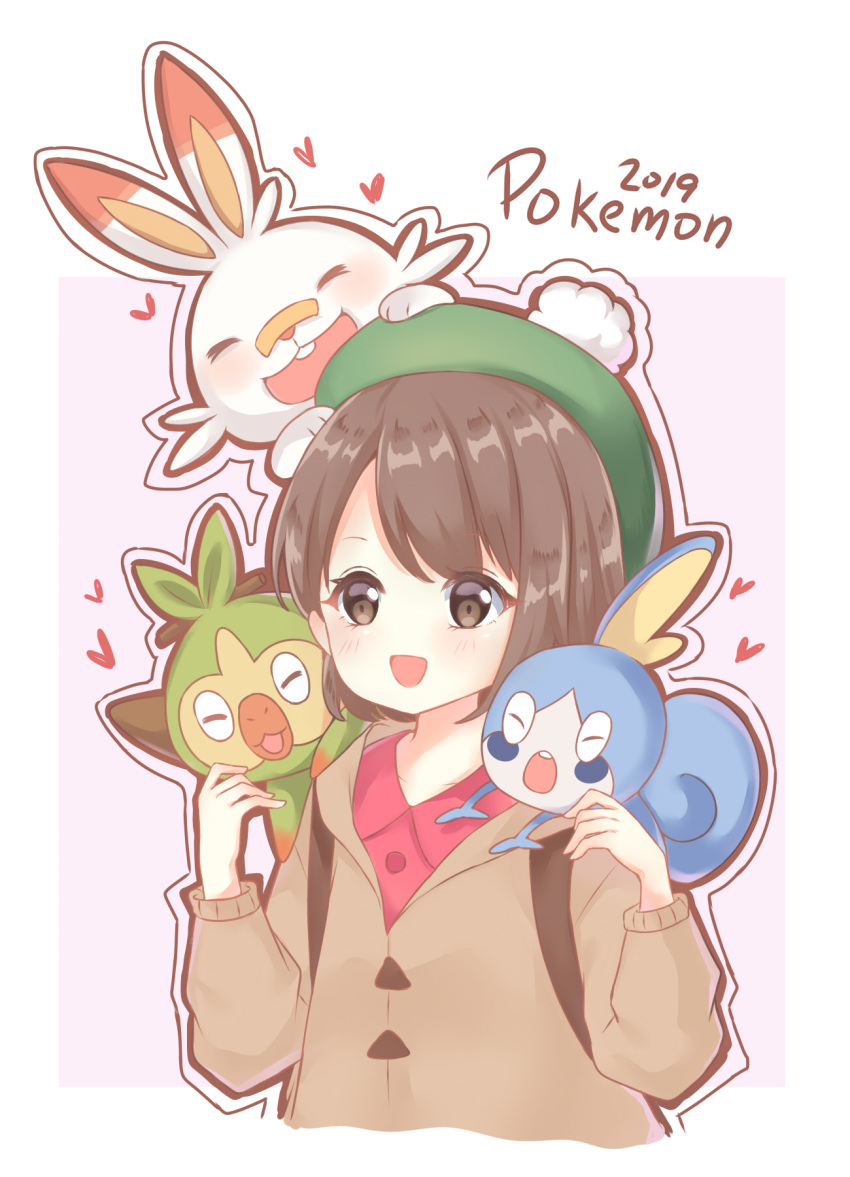 1girl 2019 :d bangs blush brown_eyes brown_hair brown_jacket collared_shirt commentary_request copyright_name creatures_(company) cropped_torso eyebrows_visible_through_hair eyes_closed facing_viewer female_protagonist_(pokemon_swsh) game_freak gen_8_pokemon green_hat grookey hat heart highres jacket light_(luxiao_deng) long_sleeves looking_at_viewer nintendo open_mouth outline pink_background pokemon pokemon_(creature) pokemon_(game) pokemon_swsh red_shirt scorbunny shirt smile sobble tam_o'_shanter two-tone_background upper_body white_background