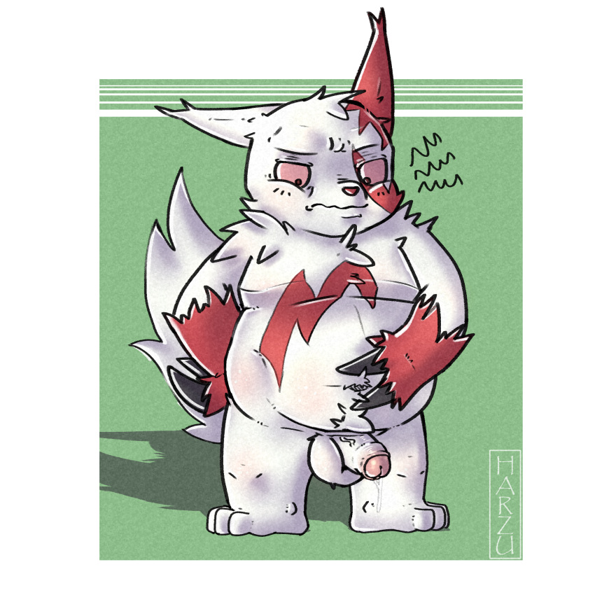 2019 anthro balls belly big_belly claws digital_media_(artwork) erection fur harzu hi_res humanoid_penis hungry male navel nintendo nude overweight overweight_male penis pok&eacute;mon pok&eacute;mon_(species) simple_background slightly_chubby solo thick_thighs uncut video_games white_fur zangoose