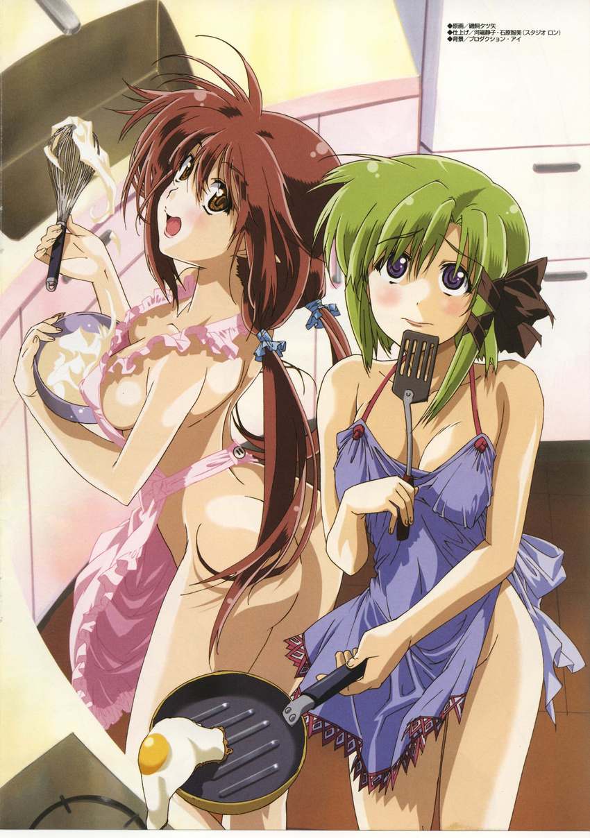 :d absurdres alternate_hairstyle apron arched_back ass bangs black_bow black_ribbon blue_apron blue_eyes blush bow bowl breasts breasts_apart brown_eyes cleavage closed_mouth collarbone cooking covered_nipples cowboy_shot cream downblouse egg embarrassed eyebrows_visible_through_hair fried_egg frilled_apron frills frying_pan green_hair grey_hair groin hair_between_eyes hair_bow hair_ornament hair_ribbon hair_scrunchie happy highres holding hosoda_naoto indoors kitchen lace lace-trimmed_apron legs_together lips lisianthus long_hair looking_at_viewer looking_back low_twintails medium_breasts multiple_girls naked_apron official_art open_mouth parted_bangs pink_apron raised_eyebrows ribbon scan scrunchie shigure_asa shiny shiny_skin short_hair_with_long_locks shuffle! sideboob sidelocks smile spatula spilling standing stove tress_ribbon twintails very_long_hair whisk