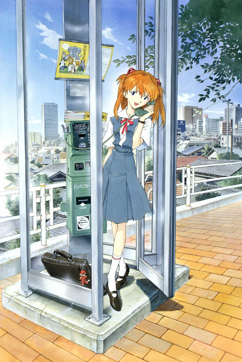 bag blue_eyes brown_hair corded_phone duplicate highres honda_takeshi long_hair neon_genesis_evangelion phone phone_book phone_booth school_bag school_uniform solo souryuu_asuka_langley watch wristwatch