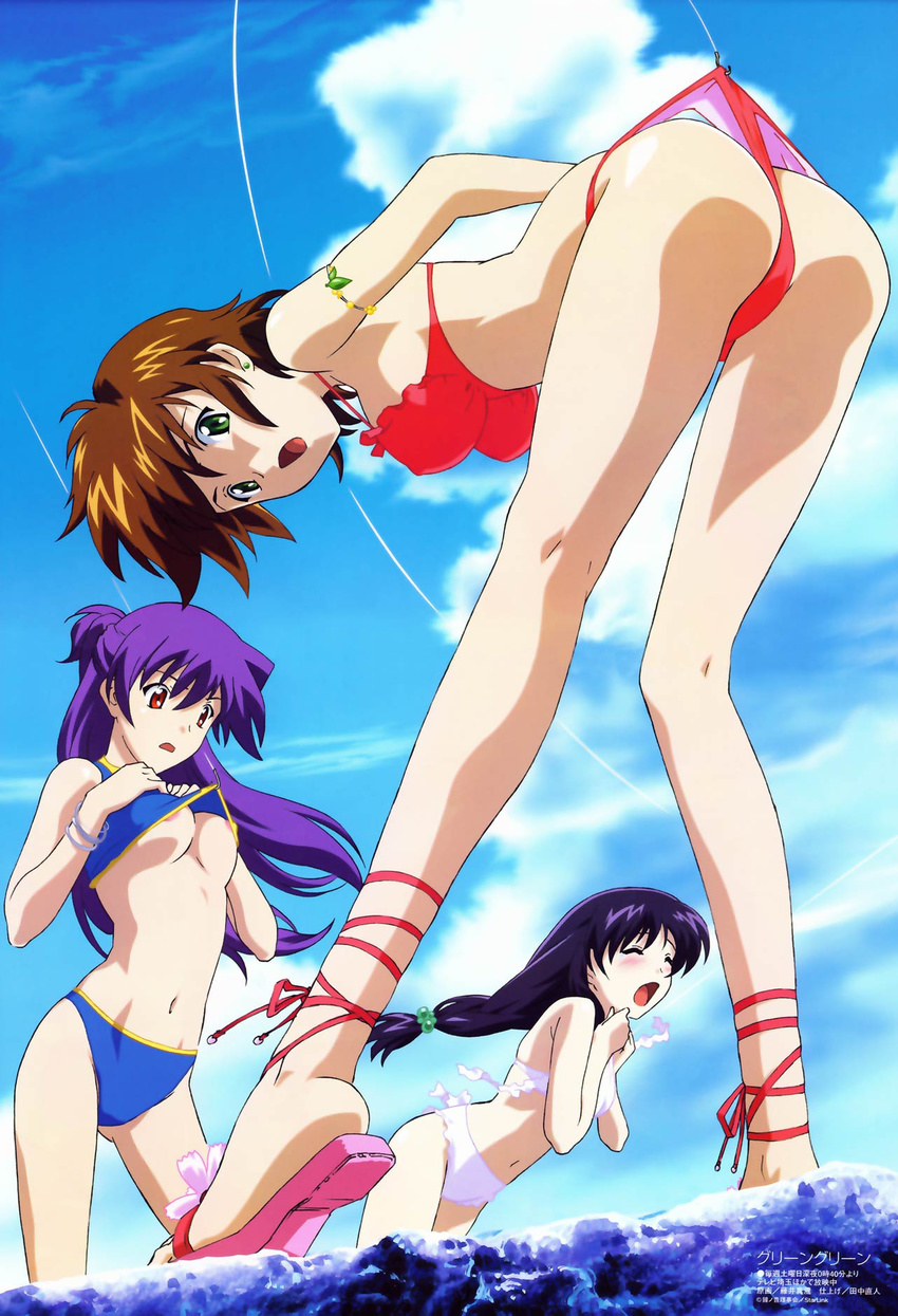 ankle_lace-up areola_slip areolae armlet ass assisted_exposure bent_over bikini bikini_lift blue_hair blush bracelet breasts brown_hair chitose_midori closed_eyes cloud cross-laced_footwear day earrings embarrassed fishing_hook fishing_line fujii_masumi green_eyes green_green hair_bobbles hair_ornament highres jewelry kutsuki_futaba lifted_by_another long_hair looking_back lossy-lossless medium_breasts megami minami_sanae multiple_girls open_mouth ponytail purple_hair red_eyes ribbon sandals scan short_hair sky surprised swimsuit tankini underboob wedgie