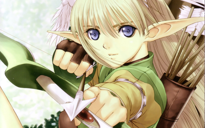 aiming aiming_at_viewer archery armlet arrow bangs beige_jacket black_gloves blonde_hair blue_eyes bow_(weapon) close-up closed_mouth cropped day drawing_bow elf elwing_ra-nah_sylphith fingerless_gloves foreshortening from_side gem gloves green_jacket hair_between_eyes head_wings highres holding holding_arrow holding_bow_(weapon) holding_weapon jacket juliet_sleeves light_smile long_pointy_ears long_sleeves looking_at_viewer official_art outdoors outstretched_arm pointy_ears pov puffy_sleeves quiver ruby_(stone) shining_(series) shining_tears smile solo straight_hair tanaka_takayuki tree turtleneck upper_body wallpaper weapon widescreen