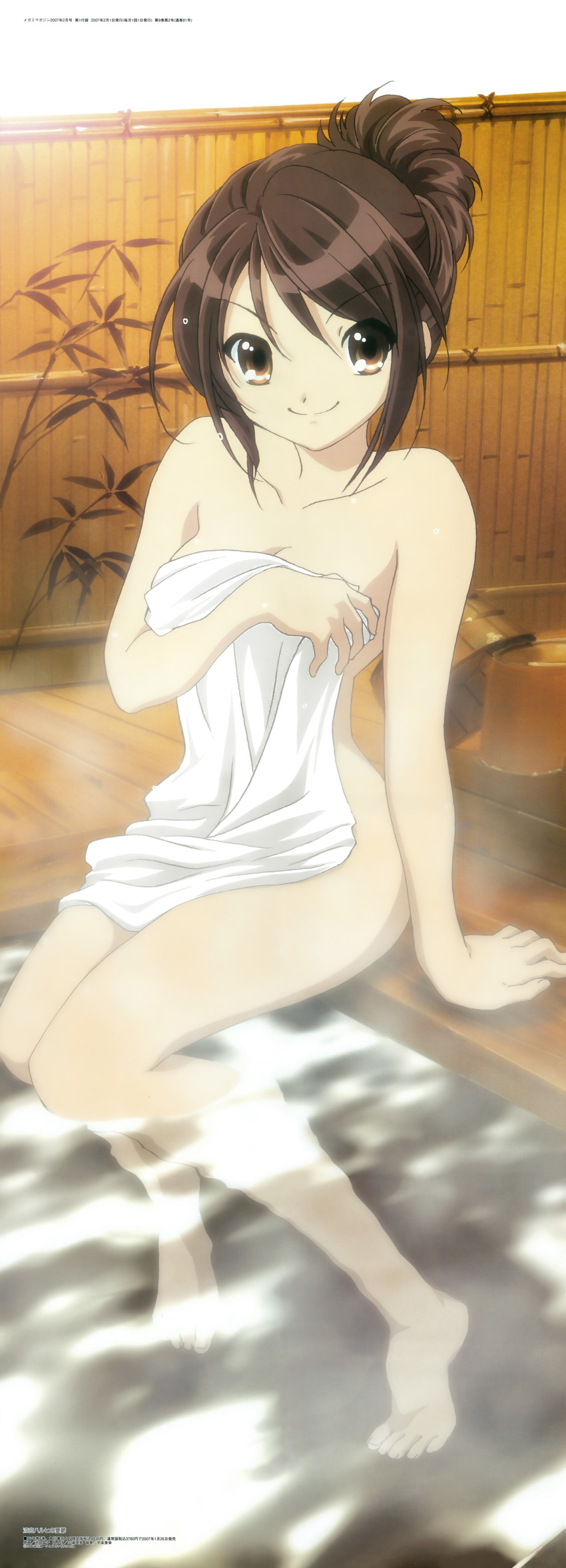 absurdres alternate_hairstyle arm_support bangs barefoot breast_hold breasts brown_eyes brown_hair bucket cleavage covering dated feet fence hair_between_eyes hair_bun highres ikeda_shouko leaf legs long_image looking_at_viewer medium_breasts megami non-web_source nude_cover official_art onsen scan short_hair sitting smile soaking_feet solo steam stick_poster suzumiya_haruhi suzumiya_haruhi_no_yuuutsu tall_image tiptoes toes towel water wet wet_hair wooden_bucket wooden_fence wooden_floor