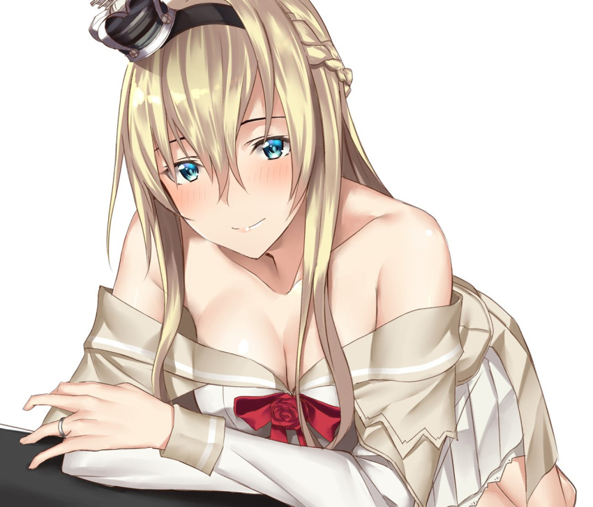 1girl all_fours blonde_hair blue_eyes braid breasts cleavage collarbone commentary_request corset crown dress flower french_braid hairband jewelry kantai_collection long_hair long_sleeves medium_breasts mini_crown off-shoulder_dress off_shoulder pallad red_flower red_ribbon red_rose ribbon ring rose simple_background solo warspite_(kantai_collection) wedding_band white_background white_dress