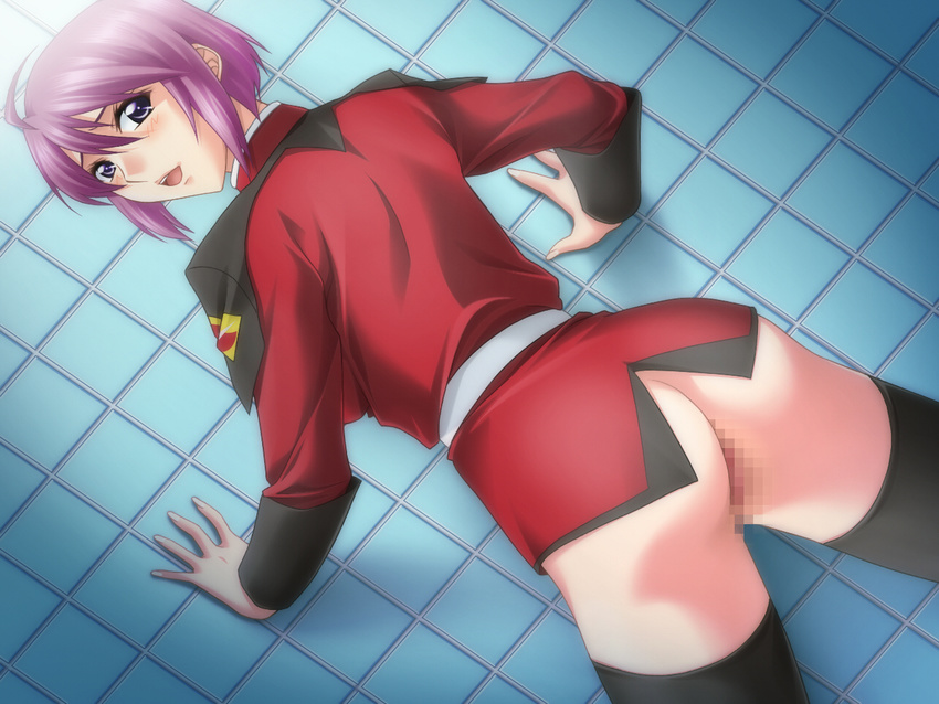 :d against_wall ahoge ass bangs belt black_legwear blue_eyes blush bottomless censored circle_epion dutch_angle from_behind gundam gundam_seed gundam_seed_destiny indoors long_sleeves looking_at_viewer looking_back lunamaria_hawke military military_uniform mosaic_censoring naughty_face open_mouth presenting purple_hair pussy shadow short_hair smile solo spread_legs standing thighhighs uniform