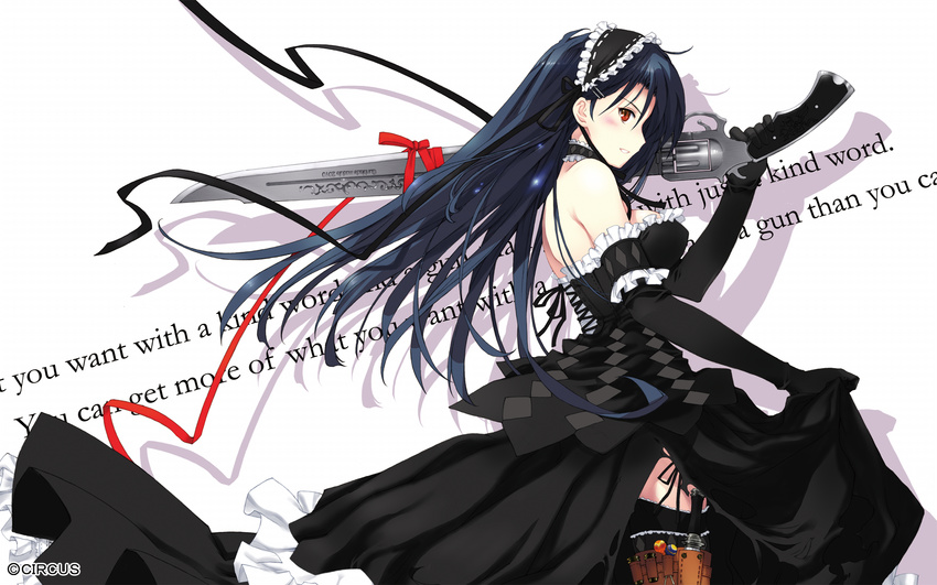 ar_forgotten_summer arm_garter artist_request back bare_shoulders black_gloves blue_hair blush breasts candy character_request choker cowboy_shot cross-laced_clothes diamond_(shape) dress elbow_gloves english food frilled_dress frills from_side garters gloves gothic_lolita gun gunblade hairband handgun highres holding holster knife lolita_fashion lolita_hairband lollipop long_hair looking_at_viewer medium_breasts over_shoulder profile red_eyes revolver ribbon shadow sheath sheathed side_slit sideboob simple_background skirt_hold smirk solo standing thigh_holster very_long_hair wallpaper watermark weapon white_background widescreen
