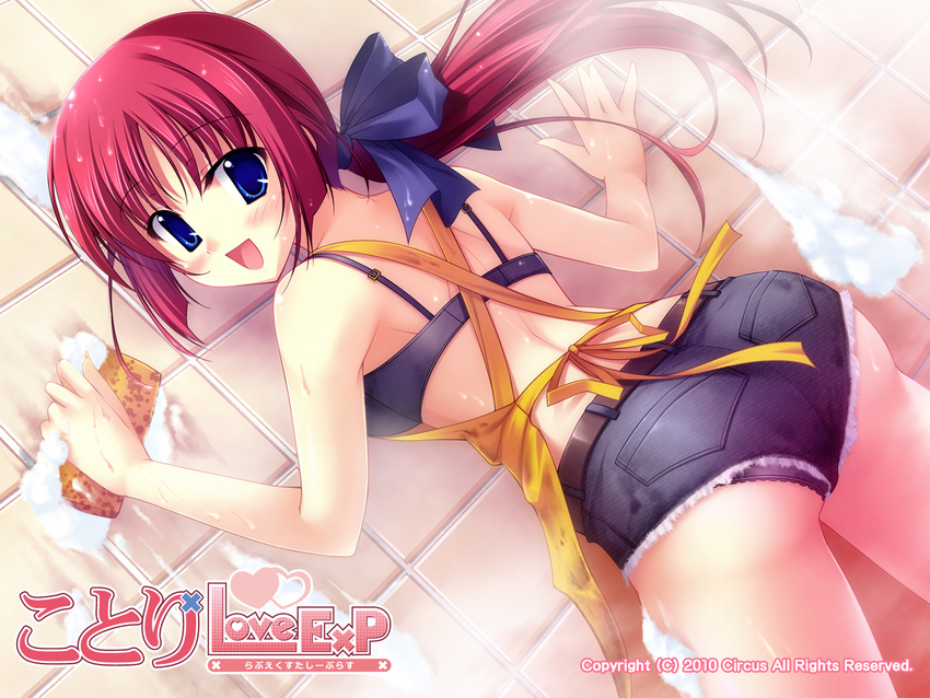 :d apron ass belt black_bra black_panties blue_eyes blush bra cleaning cutoffs da_capo da_capo_i denim denim_shorts hair_ribbon highres kotori_love_ex_p lingerie looking_at_viewer looking_back mogami_noa open_mouth panties ponytail red_hair ribbon shiny shiny_skin shirakawa_kotori short_shorts shorts smile solo tiles underwear upshorts wallpaper wet