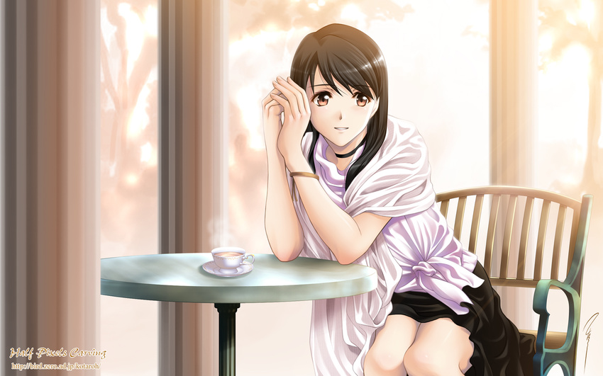 aizawa_kotarou bangs black_hair black_skirt bracelet brown_eyes chair choker cup elbow_rest eyebrows_visible_through_hair highres indoors jewelry original own_hands_together parted_lips saucer shawl sitting skirt smile solo sunlight swept_bangs table tea teacup wallpaper watermark web_address window