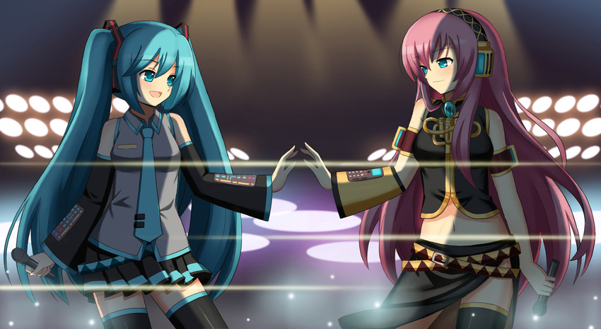 aqua_eyes aqua_hair bad_id bad_pixiv_id belt detached_sleeves hair_ornament hatsune_miku highres jewelry long_hair megurine_luka microphone multiple_girls necktie open_mouth pink_hair skirt smile spotlight tonee twintails vocaloid