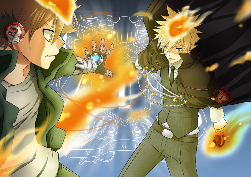 blonde_hair brown_hair cape fire giotto gloves headphones katekyou_hitman_reborn orange_eyes sawada_tsunayoshi short_hair tie vongola_primo