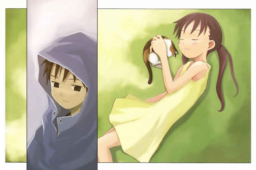 brown_eyes brown_hair cat makihara_mai scan seto_kouta shinigami_no_ballad summer_dress