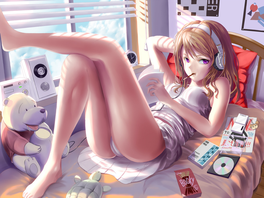 alarm_clock analog_clock bare_legs bare_shoulders barefoot blanket blinds book brand_name_imitation breasts brown_hair cable cameltoe camisole cd cd_case cellphone cellphone_charm clock expressionless feet food hand_behind_head headphones holding indoors knees_up leg_up legs long_hair looking_at_viewer lying magazine miniskirt mouth_hold on_back on_bed original panties pantyshot phone pillow pleated_skirt pocky pooh poster_(object) purple_eyes saku shorts skirt small_breasts solo speaker stuffed_animal stuffed_toy stuffed_turtle sunlight underwear white_panties white_skirt window window_shade winnie_the_pooh