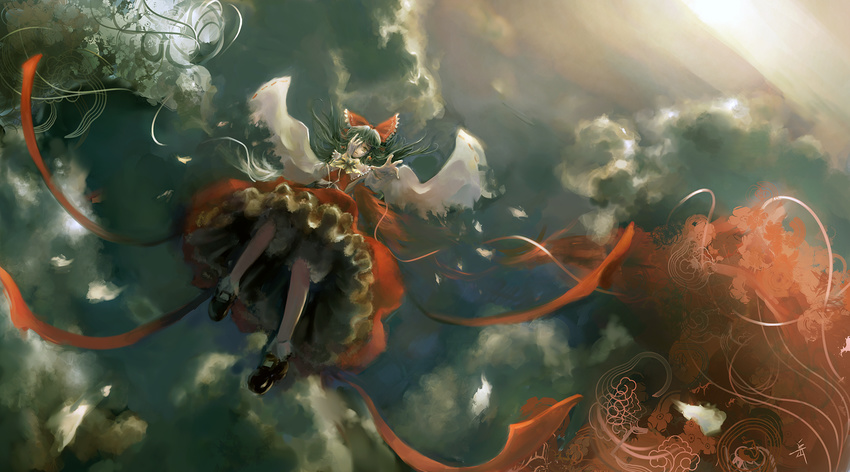 archlich covering_face falling hakurei_reimu outstretched_arm outstretched_hand reaching sky solo touhou