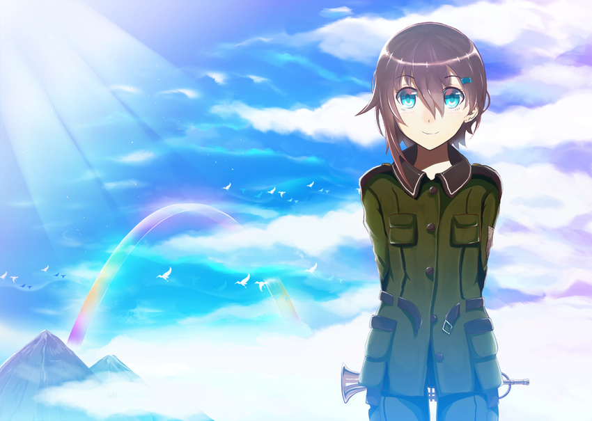 arms_behind_back asymmetrical_hair bad_id bad_pixiv_id bird blue_eyes brown_hair cloud day hair_ornament hairclip instrument military military_uniform mountain muruaka rainbow sky smile solo sora_no_woto sorami_kanata trumpet uniform