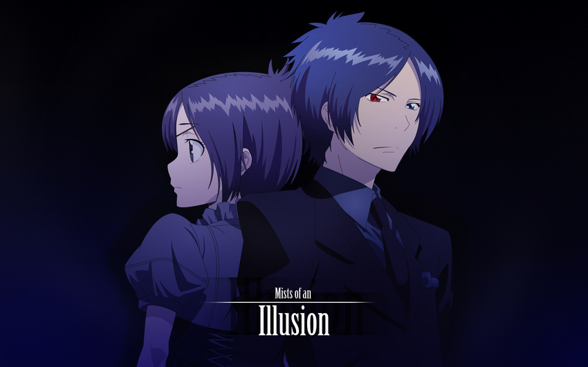 bicolored_eyes blue_eyes blue_hair dokuro_chrome dress katekyou_hitman_reborn purple_hair red_eyes rokudou_mukuro short_hair suit tie violet_eyes