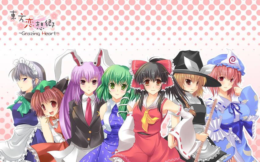 animal_ears black_hair blonde_hair blue_eyes brown_eyes brown_hair bunnygirl catgirl chen dress fang gray_hair green_eyes green_hair hakurei_reimu hat izayoi_sakuya japanese_clothes jpeg_artifacts kirisame_marisa kochiya_sanae long_hair maid miko pink_hair purple_hair red_eyes reisen_udongein_inaba ribbons saigyouji_yuyuko short_hair tie touhou