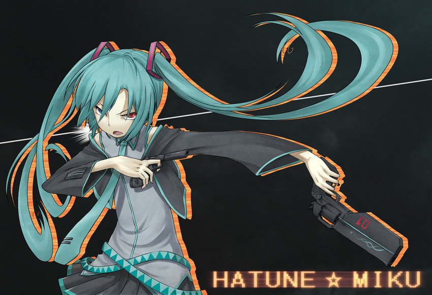 bicolored_eyes black blue_eyes blue_hair gun hatsune_miku long_hair red_eyes skirt tie twintails vocaloid weapon