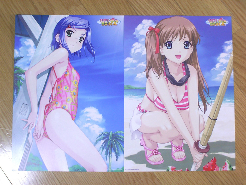 :d against_wall amamiya_momona armpits arms_behind_back ass back bangs beach bikini bikini_skirt blindfold blue_eyes blue_hair blush breasts brown_hair casual_one-piece_swimsuit cleavage cloud copyright_name day feet floral_print food from_side fruit green_eyes hair_ornament hair_ribbon hairclip happoubi_jin highres holding koromogae_maya large_breasts light_smile logo long_hair multiple_girls ocean official_art one-piece_swimsuit one_side_up open_mouth outdoors palm_tree photo print_swimsuit resized resort_boin ribbon sandals shadow shinai short_hair sideboob skindentation sky small_breasts smile squatting standing striped striped_bikini striped_swimsuit suikawari swept_bangs swimsuit sword tiptoes tree v_arms water watermelon weapon wooden_floor