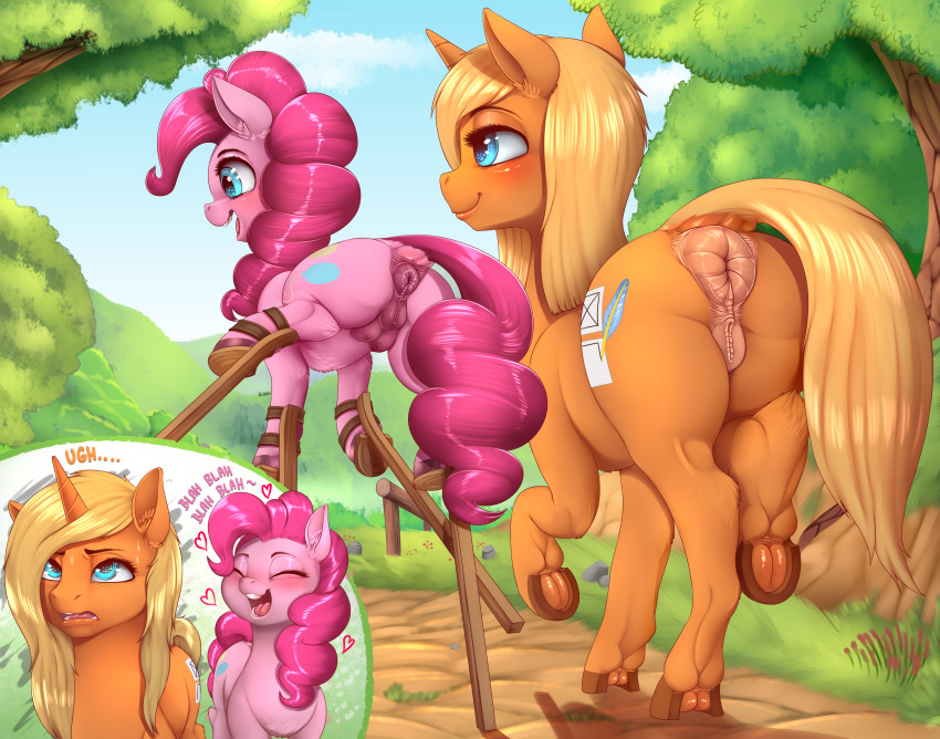 &lt;3 2019 absurd_res animal_genitalia animal_pussy anus butt cutie_mark dankflank digital_media_(artwork) duo earth_pony equine equine_pussy eyes_closed fan_character female feral friendship_is_magic hi_res hooves horn horse mammal memory_match my_little_pony open_mouth outside pinkie_pie_(mlp) pony puffy_anus pussy smile teats tree underhoof unicorn