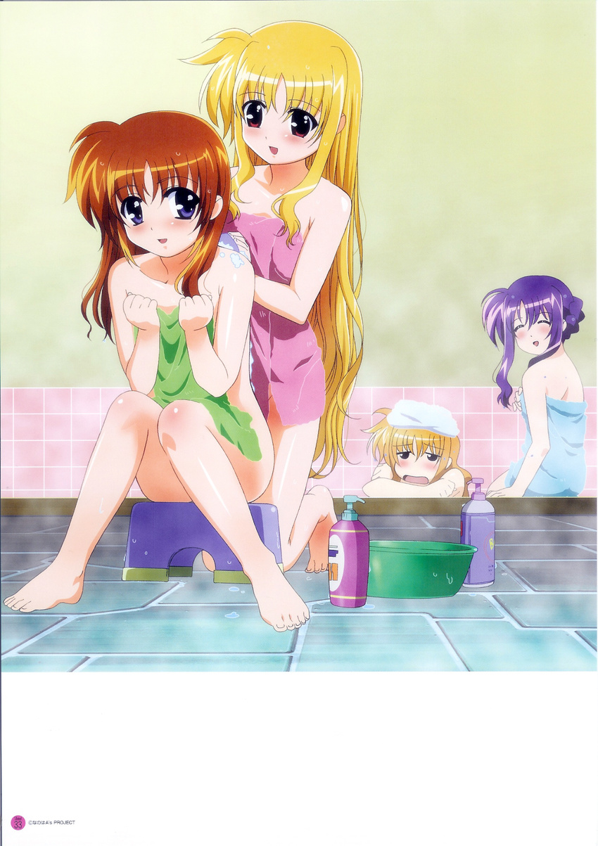 arisa_bannings barefoot bath bath_stool blonde_hair blue_towel blush brown_hair covering fate_testarossa green_towel highres kneeling long_hair lyrical_nanoha mahou_shoujo_lyrical_nanoha mahou_shoujo_lyrical_nanoha_a's multiple_girls naked_towel nude_cover okuda_yasuhiro open_mouth pink_towel purple_eyes purple_hair red_eyes scan sitting smile soap_bottle stool takamachi_nanoha towel towel_on_head tsukimura_suzuka very_long_hair washing_back