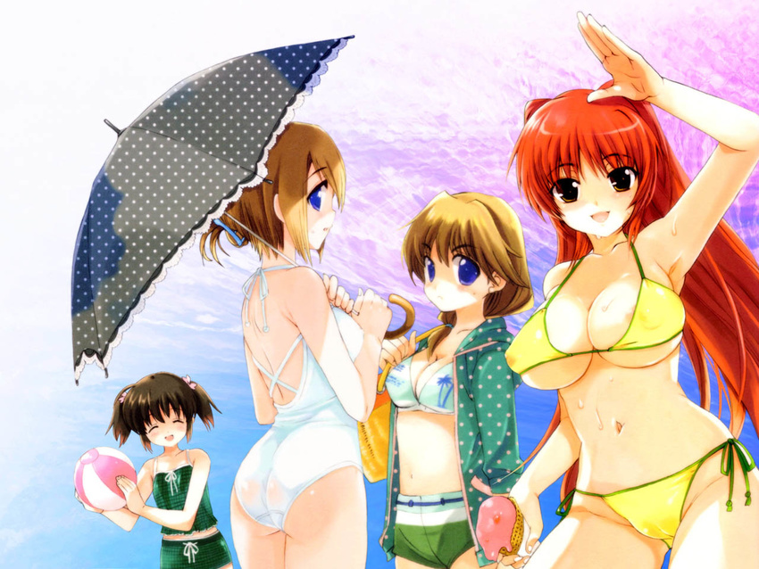 areolae ass bag ball beach beachball bikini bikini_shorts black_hair breasts brown_hair cameltoe cleavage closed_eyes covered_nipples folded_ponytail food from_behind hood hoodie ice_cream jacket komaki_ikuno komaki_manaka kousaka_tamaki large_breasts long_hair long_sleeves looking_at_viewer looking_back multiple_girls open_clothes open_hoodie polka_dot polka_dot_hoodie polka_dot_umbrella purple_eyes qp:flapper red_hair short_hair short_twintails shorts side-tie_bikini sweat swimsuit tankini to_heart_2 twintails umbrella underboob white_swimsuit yuzuhara_konomi