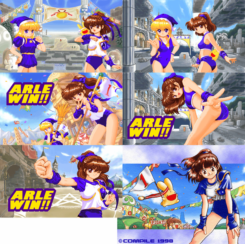 2girls arle_nadja blue_skirt carbuncle_(puyopuyo) game_cg hakunetsu!_puyolympic! half_updo highres madou_monogatari multiple_girls numbered_flag oldschool puyopuyo screencap skirt witch_(puyopuyo)