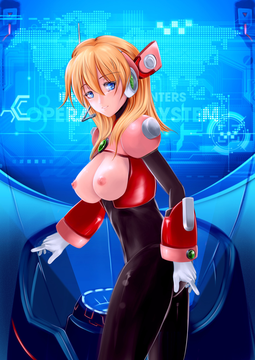 1girl alia_(rockman) android bangs blonde_hair blue_eyes breasts breasts_outside eyebrows_visible_through_hair framed_breasts gloves hand_on_own_ass headgear large_breasts long_hair microphone nipple robot_ears solo white_gloves