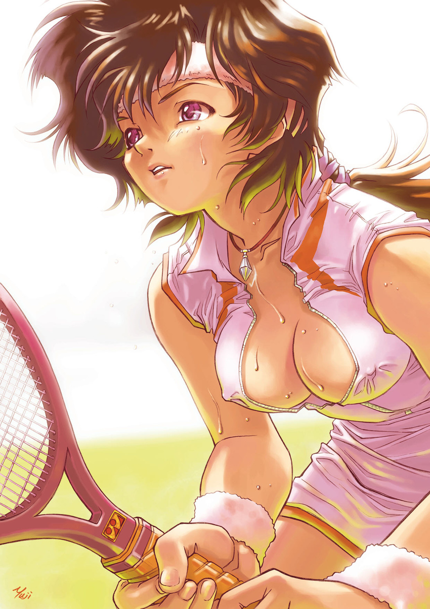breasts brown_hair cleavage copyright_request highres jewelry kobayashi_yuuji medium_breasts necklace ponytail purple_eyes solo squatting sweat tennis wristband