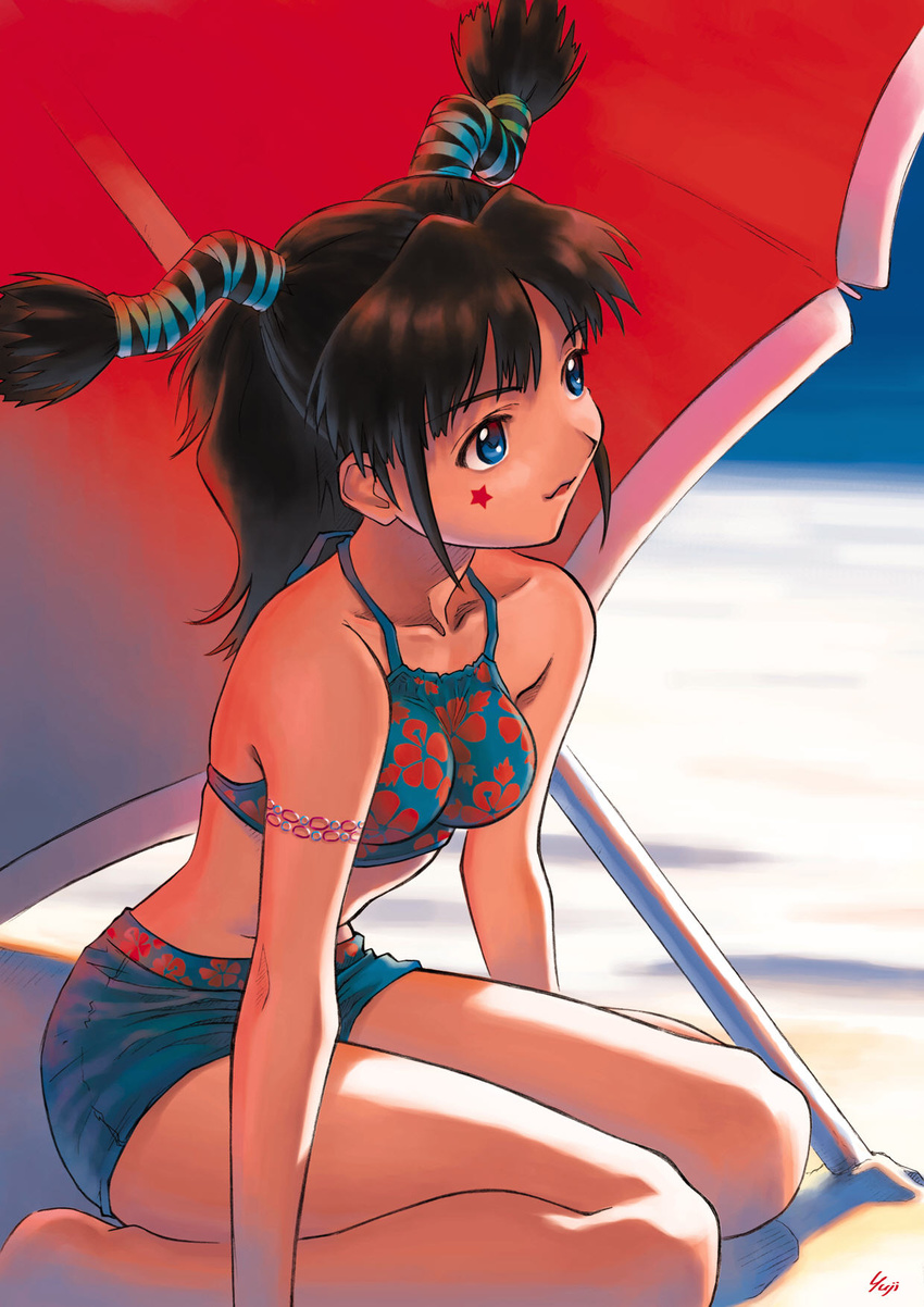 armband beach beach_umbrella bikini blue_eyes breasts copyright_request floral_print highres impossible_clothes impossible_swimsuit kneeling kobayashi_yuuji small_breasts solo swimsuit umbrella