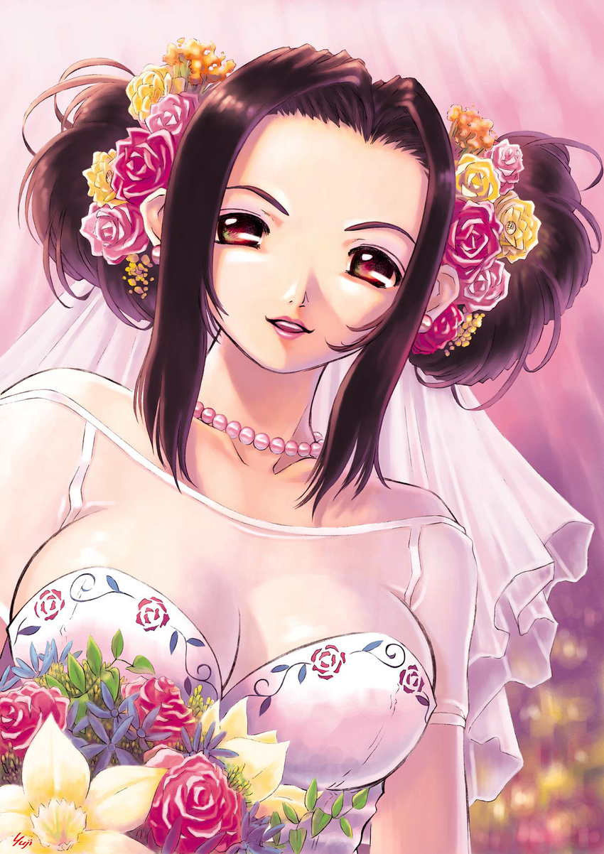 :d bangs bare_shoulders beads black_hair bouquet breasts bridal_veil cleavage copyright_request double_bun dress floral_print flower hair_flower hair_ornament highres jewelry kobayashi_yuuji large_breasts lipstick looking_at_viewer makeup necklace off_shoulder open_mouth parted_bangs pearl_necklace red_eyes rose see-through short_hair sideboob signature smile solo upper_body veil wedding_dress