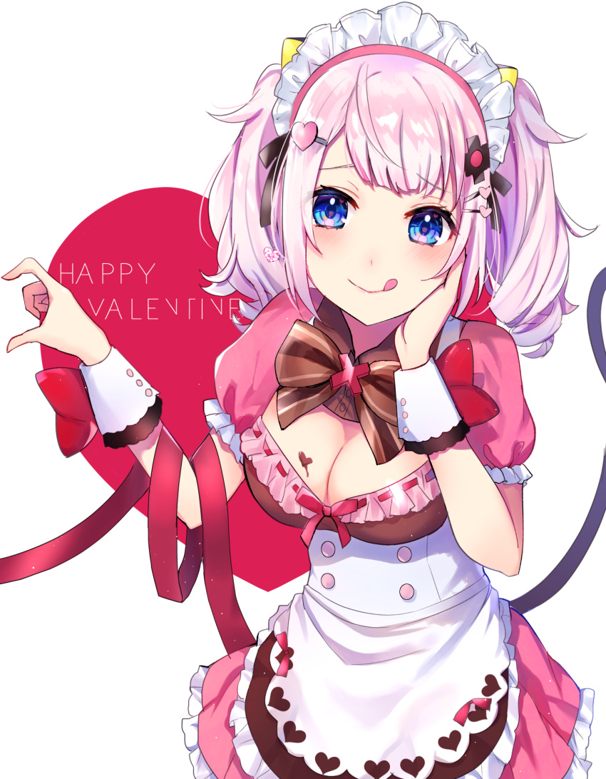 1girl :q alternate_costume alternate_hairstyle apron bangs blue_eyes bow breasts chocolate_on_breasts cleavage closed_mouth dress enmaided eyebrows_visible_through_hair frilled_apron frilled_dress frills hair_ornament hairclip hand_on_own_cheek happy_valentine heart heart_hair_ornament highres kaguya_luna kaguya_luna_(character) maid maid_headdress omelet_tomato pink_dress pink_hair puffy_short_sleeves puffy_sleeves red_bow short_sleeves smile solo tongue tongue_out twintails valentine virtual_youtuber waist_apron white_apron white_background wrist_cuffs