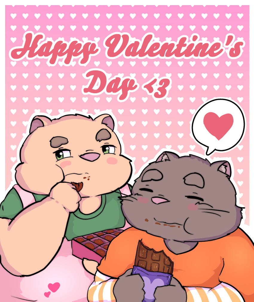 &lt;3 2019 absurd_res anthro blush brown_fur candy chocolate clothing domestic_cat duo eyes_closed felid feline felis food fur green_eyes hi_res holidays humanoid_hands kusosensei male mammal overweight overweight_male pink_nose shirt simple_background ursid valentine's_day