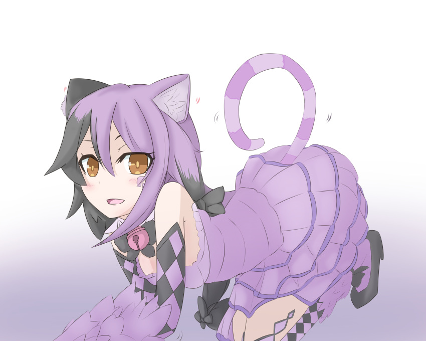 absurd_res alice_in_wonderland all_fours amber_eyes animal_humanoid black_fur black_hair breasts cat_humanoid cheshire_cat_(mge) clothed clothing dress felid felid_humanoid feline feline_humanoid female fur gal_(artist) gradient_background hair hi_res humanoid looking_at_viewer mammal monster_girl monster_girl_(genre) monster_girl_encyclopedia open_mouth purple_fur purple_hair simple_background