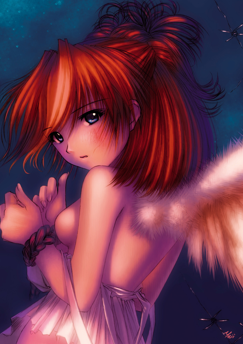 angel angel_wings back bdsm blue_eyes bondage bound bound_wrists breasts highres kobayashi_yuuji neon_genesis_evangelion red_hair rope sideboob signature small_breasts solo souryuu_asuka_langley topless upper_body wings