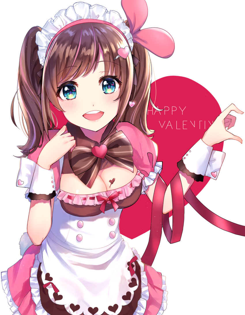 1girl :d a.i._channel alternate_costume alternate_hairstyle apron bow breasts brown_bow brown_hair chocolate_on_breasts cleavage dress enmaided frilled_apron frills green_eyes hair_ornament hair_ribbon hairclip happy_valentine heart heart_hair_ornament highres kizuna_ai maid maid_headdress medium_breasts multicolored_hair omelet_tomato open_mouth pink_dress pink_hair pink_ribbon pleated_dress red_ribbon ribbon round_teeth smile solo streaked_hair striped striped_bow teeth twintails upper_teeth valentine virtual_youtuber waist_apron white_apron white_background wrist_cuffs
