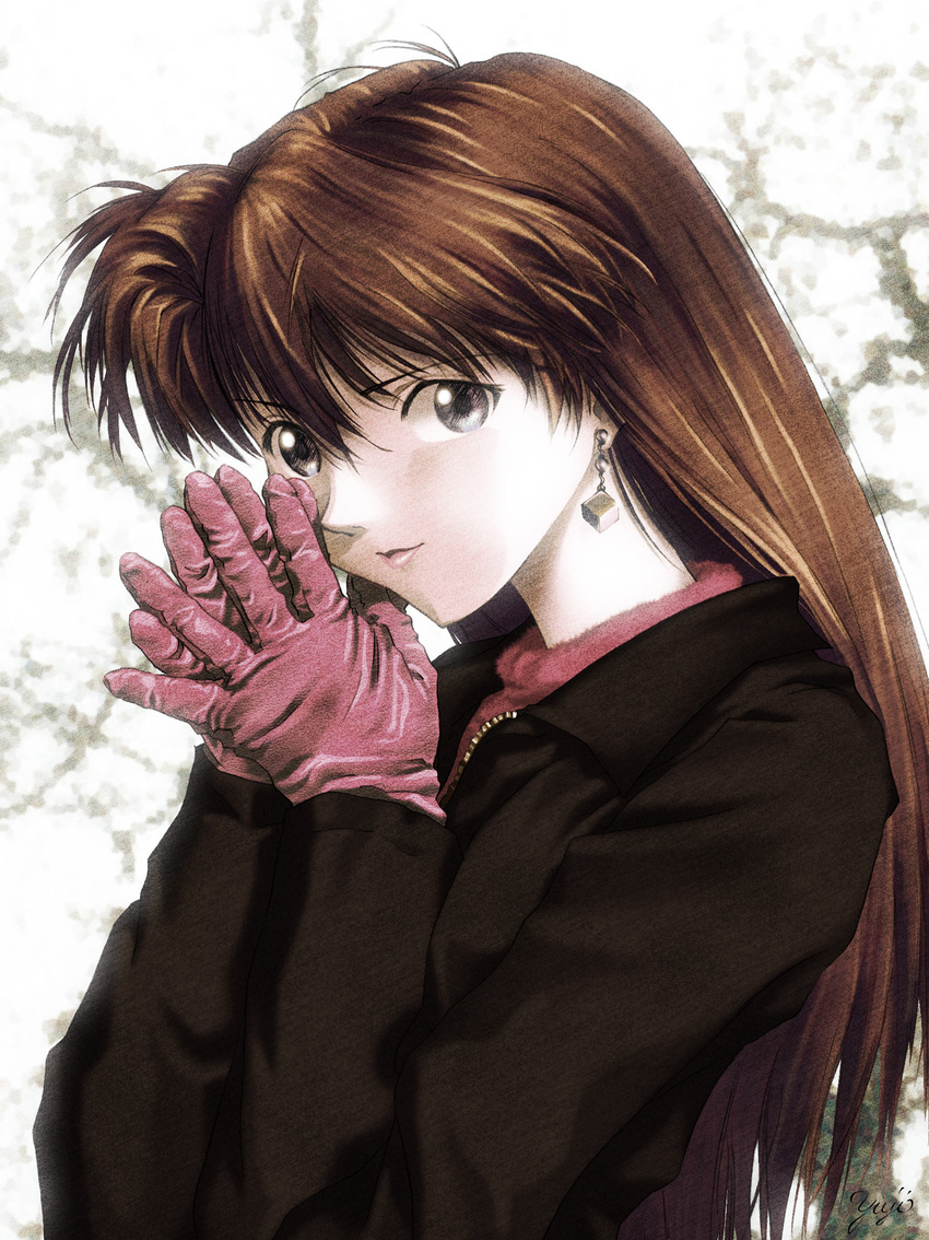 brown_hair earrings gloves hands_together highres jewelry kobayashi_yuuji long_hair neon_genesis_evangelion own_hands_together signature smile solo souryuu_asuka_langley watermark