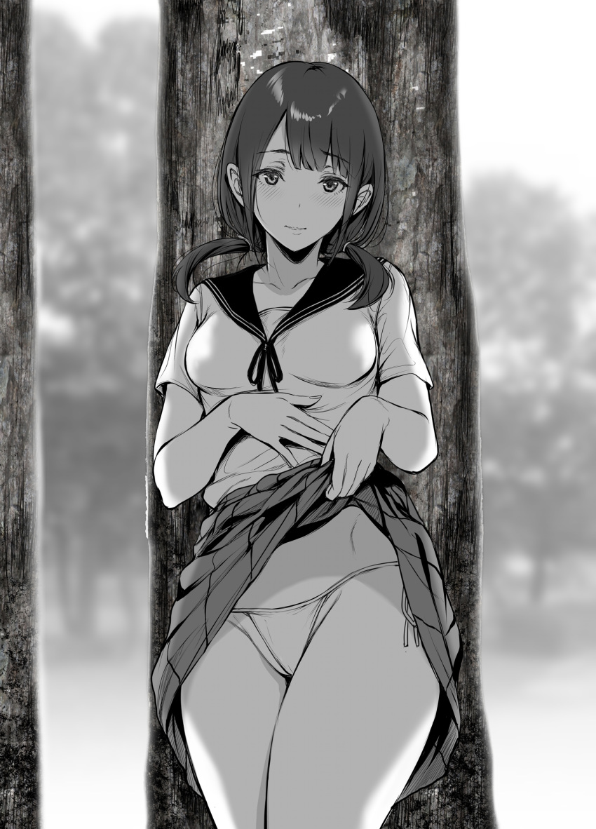 1girl against_tree blush collarbone comic embarrassed forest gentsuki groin hand_on_own_stomach head_tilt highres legs_together lifted_by_self lips looking_at_viewer medium_hair monochrome nature original outdoors panties pleated_skirt sailor_collar school_uniform short_twintails side-tie_panties skirt skirt_lift solo tree twintails underwear
