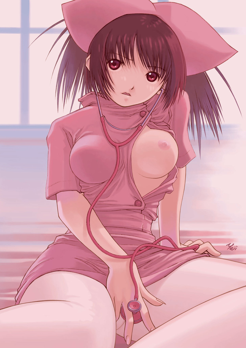 breast_slip breasts brown_hair copyright_request highres kobayashi_yuuji medium_breasts nipples no_bra nurse one_breast_out pantyhose pink_legwear red_eyes sitting solo stethoscope