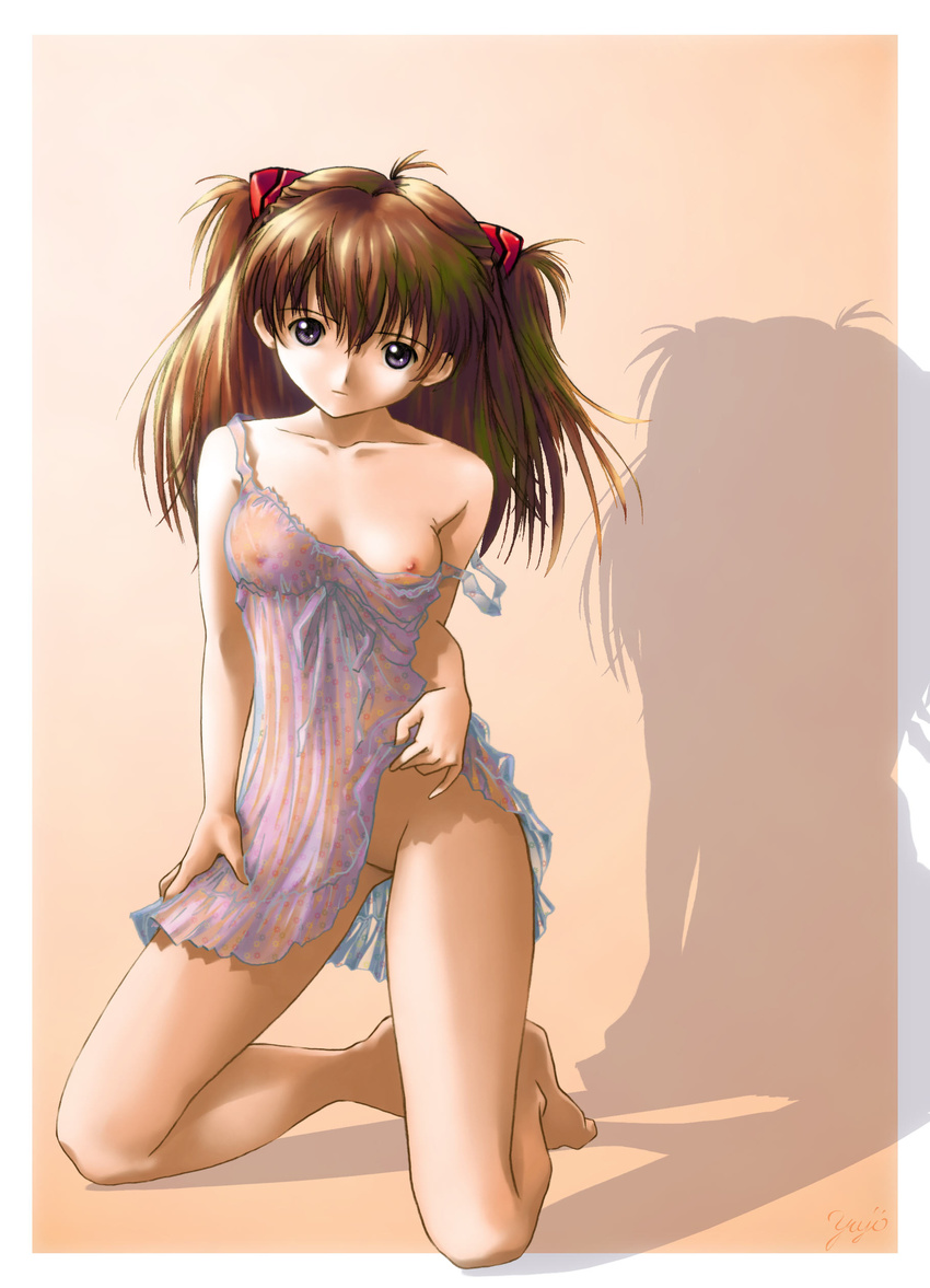absurdres ahoge bangs bare_shoulders barefoot blue_eyes breasts brown_hair chemise closed_mouth collarbone expressionless full_body gradient gradient_background groin hair_between_eyes hair_ornament hand_on_own_thigh head_tilt headgear highres kneeling kobayashi_yuuji legs_apart lifted_by_self long_hair looking_at_viewer neon_genesis_evangelion nipple_slip nipples orange_background outside_border polka_dot see-through shadow signature small_breasts solo souryuu_asuka_langley strap_slip two_side_up underwear underwear_only undressing