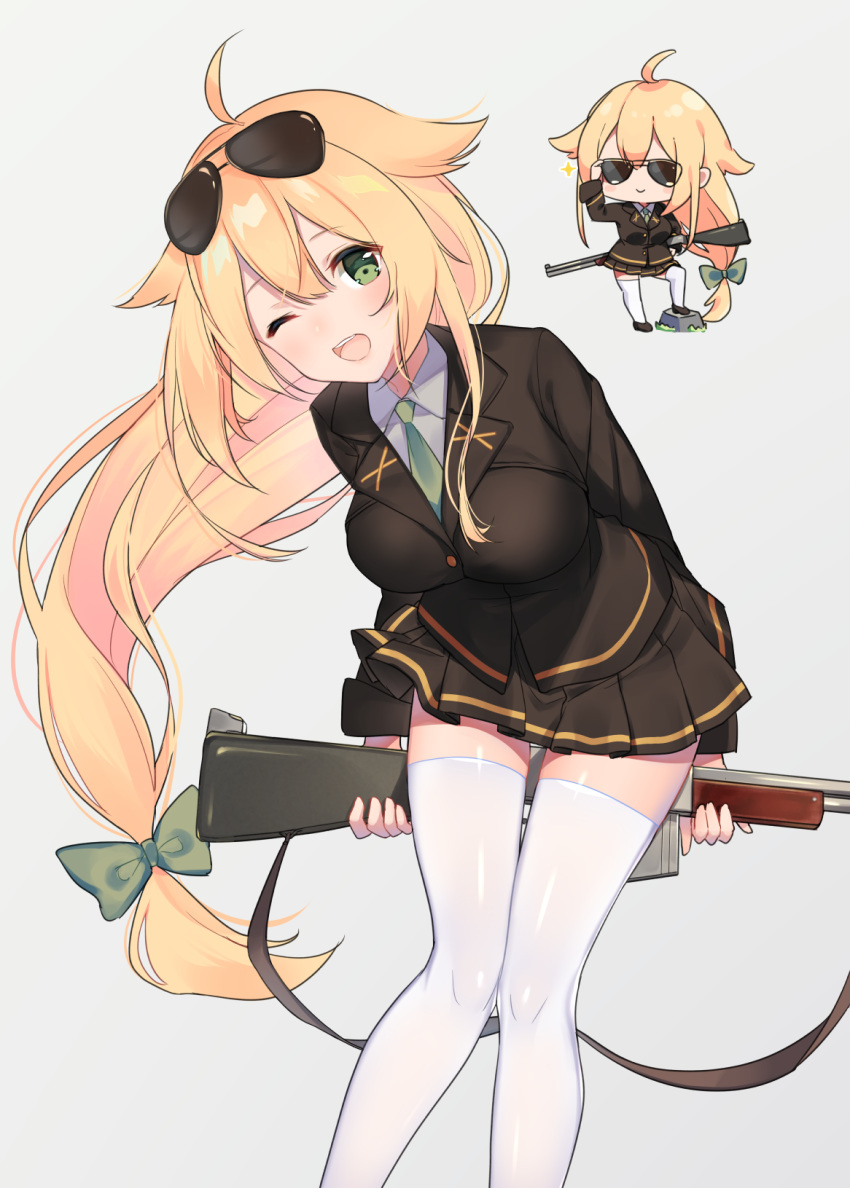 1girl ;d ahoge black_jacket black_skirt blazer blonde_hair bow breasts buttons chibi collared_shirt commentary_request cona_kinaco eyes_closed eyewear_on_head feet_out_of_frame girls_frontline green_bow green_eyes grey_background gun hair_bow hair_flaps hair_ornament hand_on_eyewear hand_up highres holding holding_gun holding_weapon jacket large_breasts leaning_forward long_hair looking_at_viewer low-tied_long_hair m1918_bar m1918_bar_(girls_frontline) machine_gun miniskirt necktie object_namesake one_eye_closed open_mouth pleated_skirt rock school_uniform shirt sidelocks simple_background skirt smile solo sparkle standing strap sunglasses thighhighs very_long_hair weapon white_legwear white_shirt wing_collar zettai_ryouiki