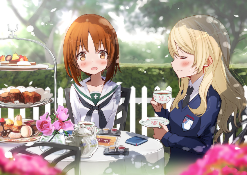 2girls alternate_hairstyle bangs black_neckwear blonde_hair blouse blue_sweater blurry blurry_background blurry_foreground blush brown_eyes brown_hair chair cookie cup dappled_sunlight darjeeling day depth_of_field dress_shirt emblem eyebrows_visible_through_hair eyes_closed flower food fuku_kitsune_(fuku_fox) girls_und_panzer hair_down hedge_(plant) holding holding_cup holding_saucer long_hair long_sleeves macaron multiple_girls neckerchief necktie nishizumi_miho ooarai_school_uniform outdoors pink_flower pink_rose rose saucer school_uniform serafuku shadow shirt short_hair sitting st._gloriana's_(emblem) sunlight sweater tea_party tea_set teacup teapot tiered_tray tree v-neck white_blouse white_shirt wind
