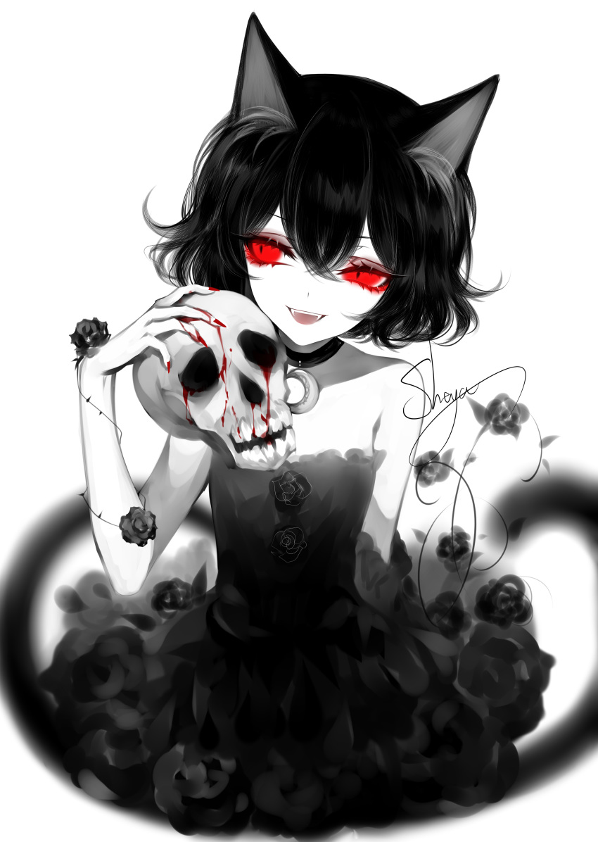 1girl :d absurdres animal_ears artist_name bare_arms bare_shoulders black_choker black_dress black_flower black_hair black_rose blood cat_ears cat_tail choker crescent crescent_choker dress eyelashes fangs flower hand_up highres holding holding_skull limited_palette looking_to_the_side nail_polish open_mouth original red_eyes red_nails rose sheya signature simple_background skull smile solo spot_color strapless strapless_dress tail thorns white_background