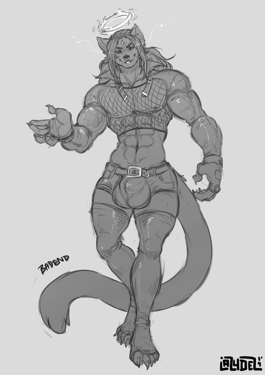abs anthro bulge clothed clothing crossdressing felid feline fishnet girly greyscale lazydez looking_at_viewer male mammal monochrome muscular muscular_male sketch smile solo