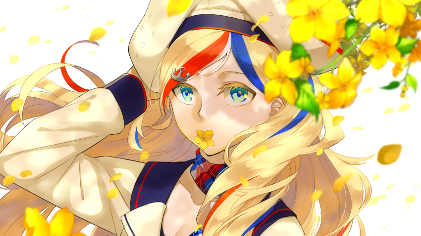 1girl anchor_hair_ornament bangs beret blonde_hair blue_eyes blue_hair closed_mouth collarbone commandant_teste_(kantai_collection) commentary_request eyebrows_visible_through_hair flower french_flag hair_between_eyes hair_ornament hat highres hisame_(gocbu) kantai_collection leaf long_hair long_sleeves looking_at_viewer multicolored multicolored_clothes multicolored_hair multicolored_scarf outdoors petals plaid plaid_scarf red_hair scarf simple_background solo streaked_hair swept_bangs wavy_hair white_hair