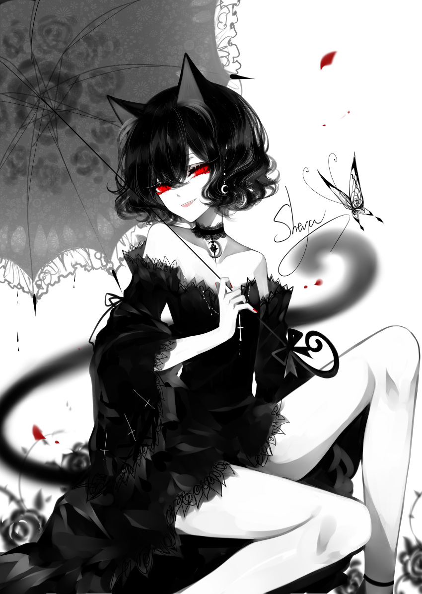 1girl :d absurdres animal_ears artist_name bangs bare_shoulders black_dress black_hair bug butterfly cat_ears collarbone dress feet_out_of_frame highres insect knee_up limited_palette looking_at_viewer off-shoulder_dress off_shoulder open_mouth original red_eyes sheya short_hair signature simple_background smile solo spot_color thighs white_background