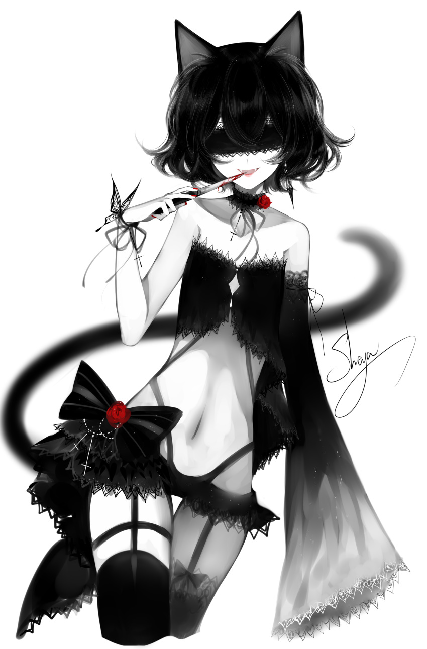 1girl :d absurdres animal_ears artist_name bare_arms bare_shoulders black_bow black_hair black_legwear blindfold blood bloody_weapon bow bug butterfly cat_ears cat_tail cowboy_shot detached_sleeves facing_viewer fangs flower garter_straps hand_up highres holding holding_knife holding_weapon insect knife limited_palette long_sleeves midriff navel open_mouth original red_flower red_rose rose sheya signature smile solo spot_color standing stomach strapless tail thighhighs thighs tubetop weapon wide_sleeves