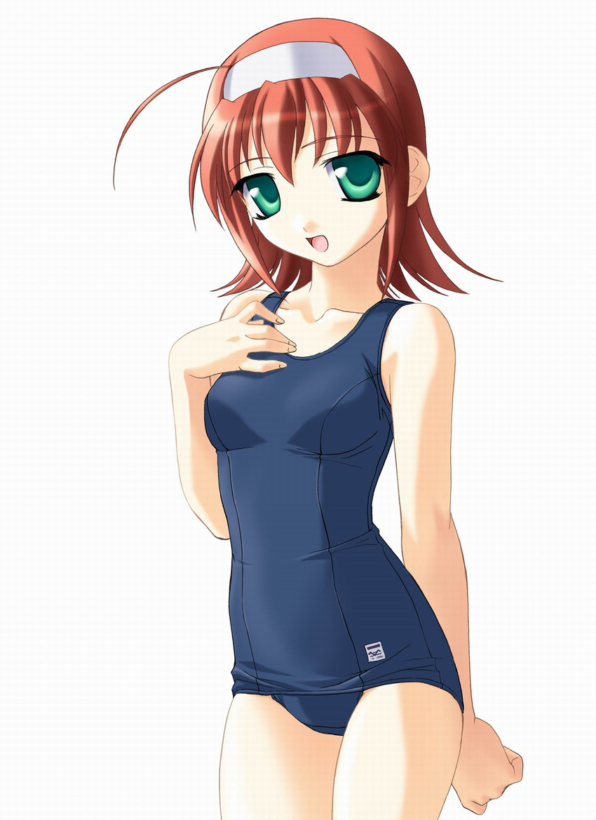 ahoge green_eyes hairband hand_on_own_chest highres kimi_ga_nozomu_eien moire norizou_type-r one-piece_swimsuit open_mouth red_hair school_swimsuit solo suzumiya_akane swimsuit