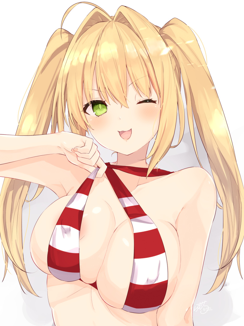 1girl ahoge areola_slip areolae bangs bare_shoulders bikini bikini_pull blush breasts cleavage collarbone criss-cross_halter erect_nipples fate/extra fate/grand_order fate_(series) green_eyes hair_between_eyes hair_intakes halterneck highres large_breasts long_hair looking_at_viewer nero_claudius_(fate)_(all) nero_claudius_(swimsuit_caster)_(fate) one_eye_closed open_mouth ramchi red_bikini simple_background smile solo striped striped_bikini swimsuit twintails white_background