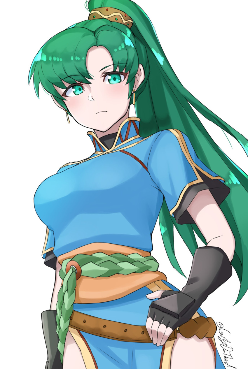 1girl black_gloves closed_mouth dress earrings fingerless_gloves fire_emblem fire_emblem:_rekka_no_ken gloves green_eyes green_hair grimmelsdathird highres jewelry long_hair lyndis_(fire_emblem) nintendo ponytail short_sleeves simple_background solo twitter_username white_background